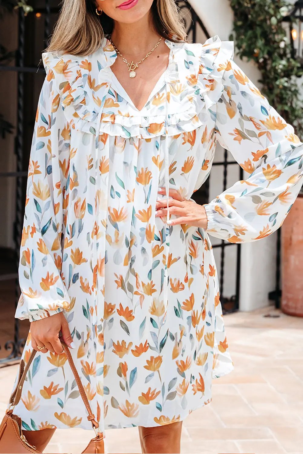 Yellow Floral Print Tie Neck Frilled Long Sleeve Mini Dress Dear-Lover Dropshipping